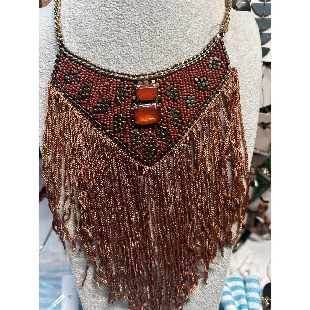 #32. Fringe Bib Necklace Boho Beaded Bronze Copper Gold Tone Fringe Chain
